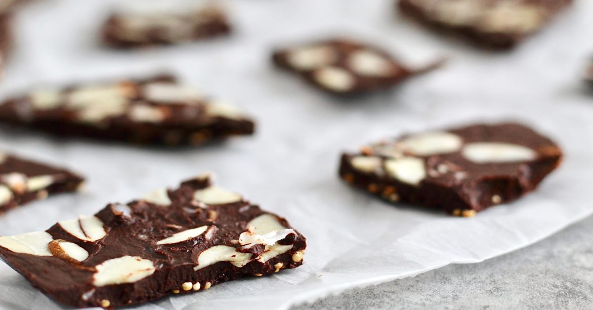 This raw cocoa crunch bark is the perfect recipe for a lightly sweetened, instant chocolate fix. The quinoa adds protein, whole grains, and a wonderful crunch. Choose toppings of your choice to make it your own!