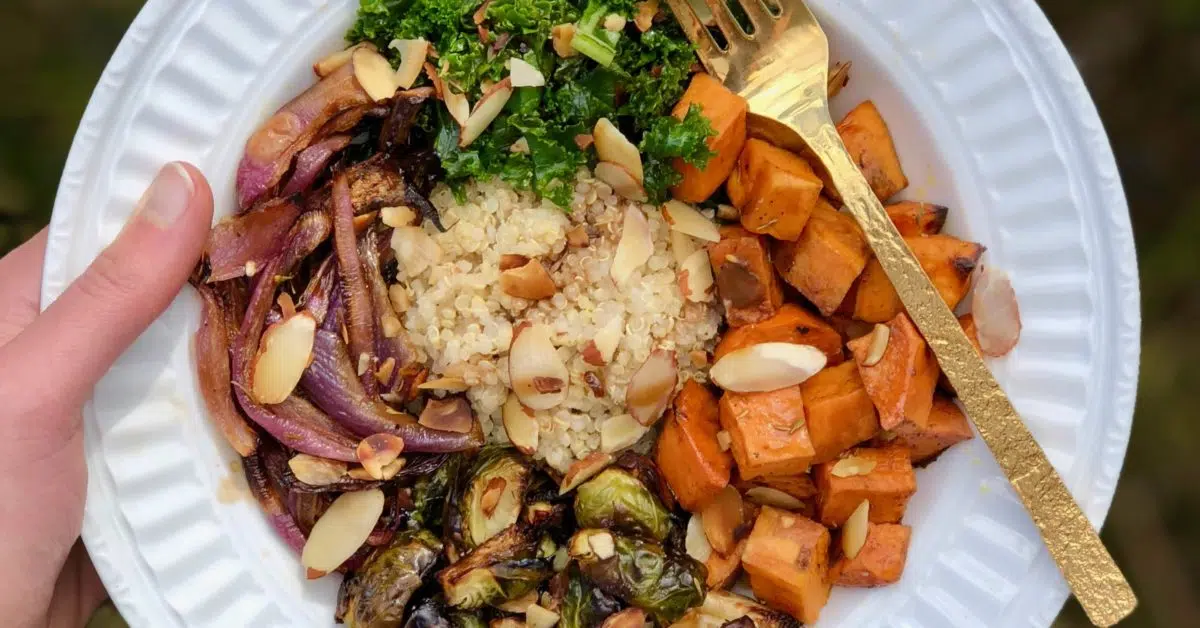 Everyday I’m brusselin’ with this seasonal Sweet Potato and Brussels Sprout Buddha Bowl! Perfect comfort bowl for fall. Vegan, whole grain, and delicious.