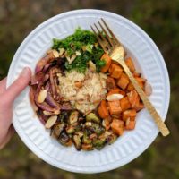 Everyday I'm brusselin' with this seasonal Sweet Potato and Brussels Sprout Buddha Bowl! Perfect comfort bowl for fall. Vegan, whole grain, and delicious.