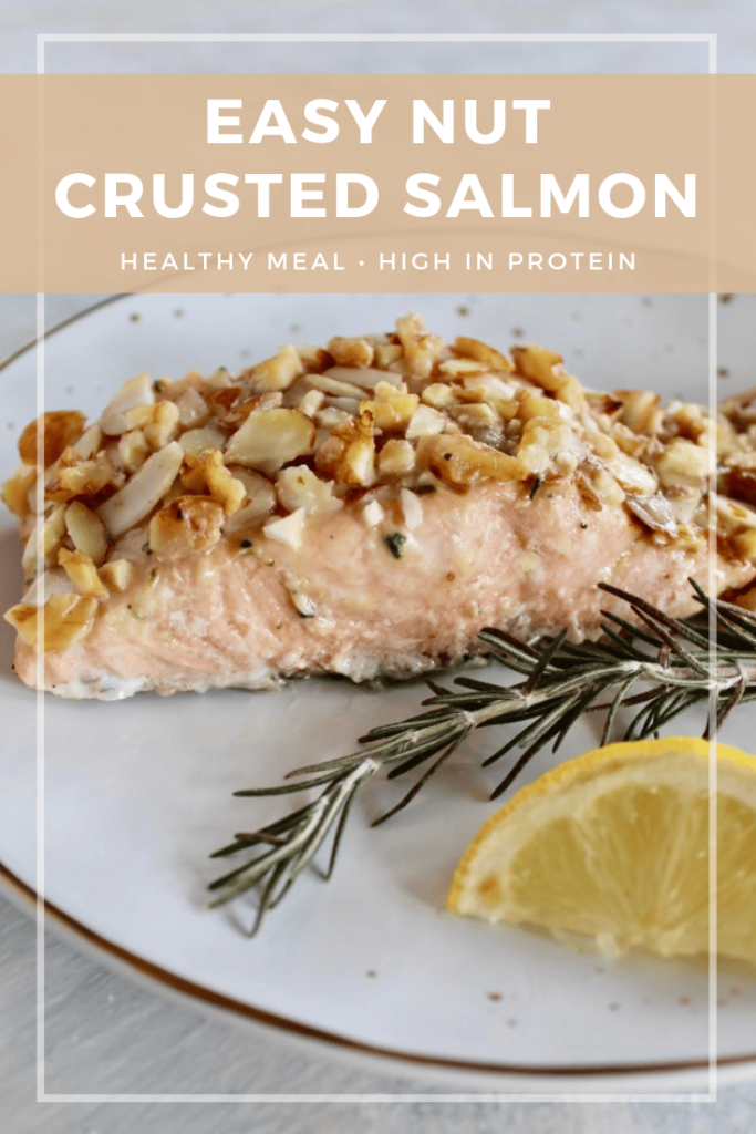 Save on pinterest - This simple nut crusted salmon takes just 5 minutes to whip up and is on the table in under 30 minutes!