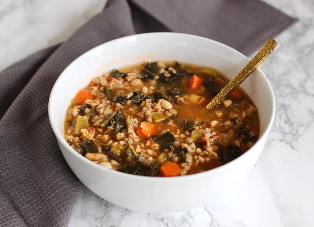 This one-pot Tuscan Farro Soup is the perfect combination of protein, hearty whole grains, and healthy vegetables. Freezer friendly and vegan options too!