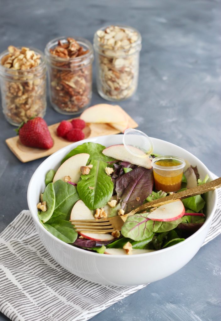 This 5-minute Simple Fruit & Nut Salad proves that a quick salad can be both flavorful and easy. Perfect for a single meal or multiply for more. Completely customizable, accommodates dietary preferences, and meal prep friendly. This recipe also includes the dressing with a homemade dijon vinaigrette! #glutenfree #vegan #dairyfree  #mealprep #yogurtparfait #simpleingredients #customizable #lunch #dinner #CheerfulChoices