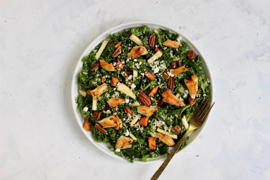 This massaged kale salad is the perfect, protein-packed dish. Featuring fall produce of your choice so you can customize with your favorites. Add this recipe to your meal prep routine, holiday table, or party platter! #FallProduce #MassagedKale #HealthySalad #CheerfulChoices 