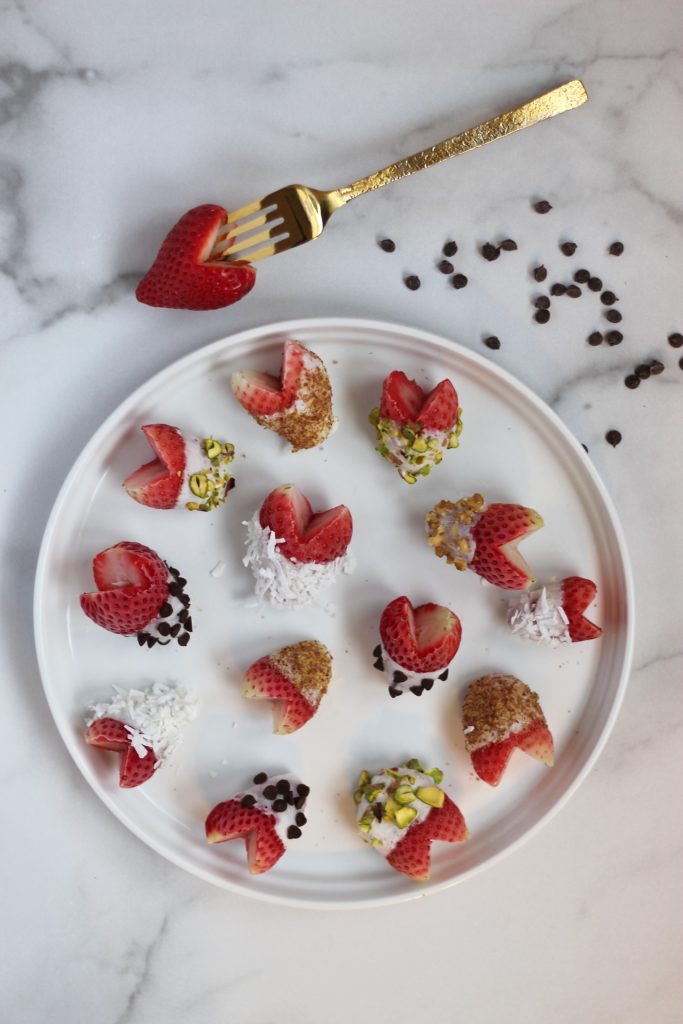 These Customizable Yogurt Covered Strawberry Hearts are the perfect healthier treat for Valentine’s Day or any day! Plus, there’s no baking or melting involved. #valentinesdaydessert #nobake #vegetarian #CheerfulChoices