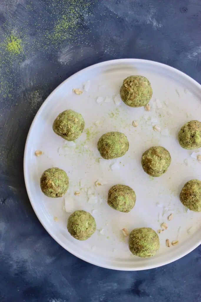 Overhead shot of coconut matcha energy bites 