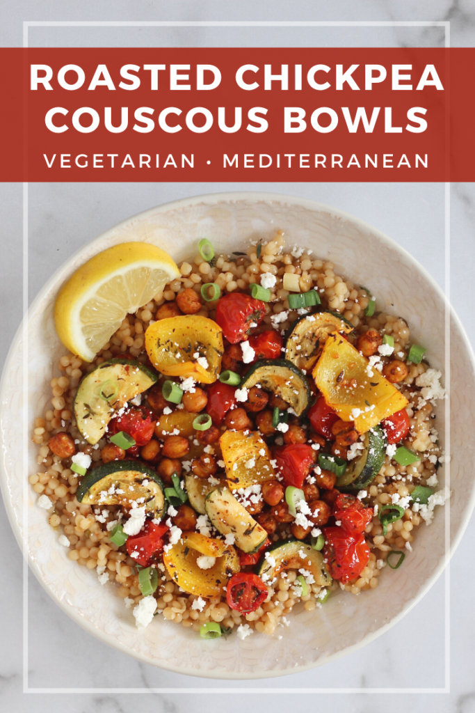Look for a satisfying meatless meal? Try these Roasted Chickpea Couscous Bowls! This Mediterranean-inspired, vegetarian meal is made with Israeli couscous, colorful veggies, and crispy chickpeas. #IsraeliCouscous #Mediterranean #MeatlessMonday #Vegetarian #HealthyRecipes #RoastedChickpeas