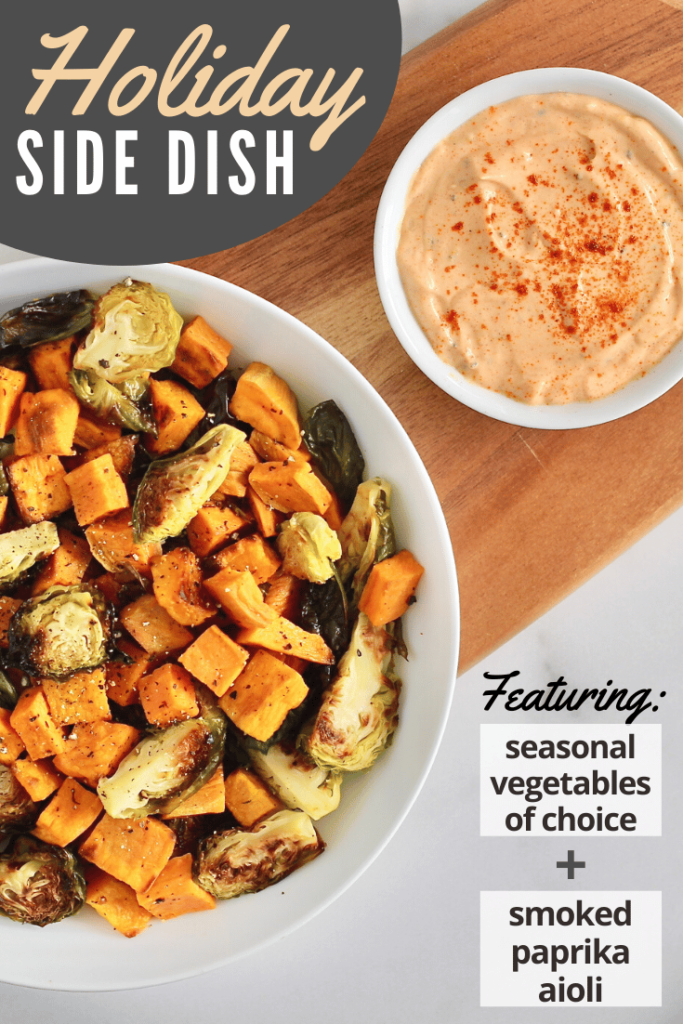 Looking for an easy side dish recipe using up all those delicious winter squash and Brussels sprouts? Try making Roasted Fall Vegetables served with Smoked Paprika Aioli sauce. It goes great alongside quinoa cakes, burgers, and salmon! #HolidaySide #Vegetarian #FallVegetables #Brussels #Squash #EasyRecipes