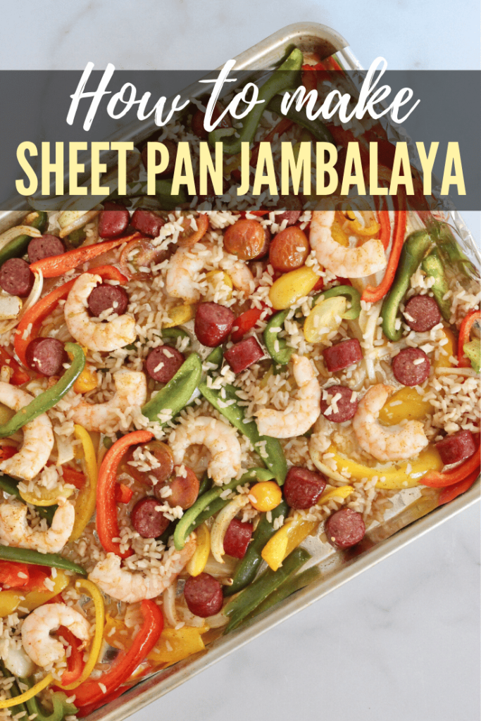  This quick and easy sheet pan jambalaya features a delicious mixture of satisfying protein, colorful vegetables, and whole grains. Have this healthy meal on the table in less than 30 minutes! #SheetPanDinner #EasyRecipes #Jambalaya #30MinuteMeal