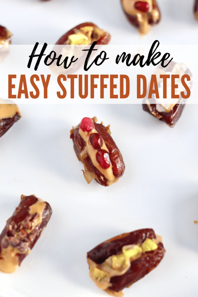 Looking for a sweet snack that comes together in less than 5 minutes? Try these healthy vegan stuffed dates filled with any nut butter and toppings of your choice. Perfect for an energizing snack or party appetizer. #HealthySnack #StuffedDates #Vegan #3Ingredients