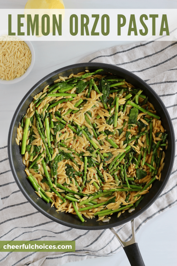 Lemon Orzo with Asparagus is the perfect healthy side dish to add to your Easter menu or weeknight dinner plan! This one pan recipe calls for simple ingredients and comes together in just 30 minutes. Serve alongside fish, chicken, or chickpeas for extra protein. #OrzoRecipes #Asparagus #SpringPasta