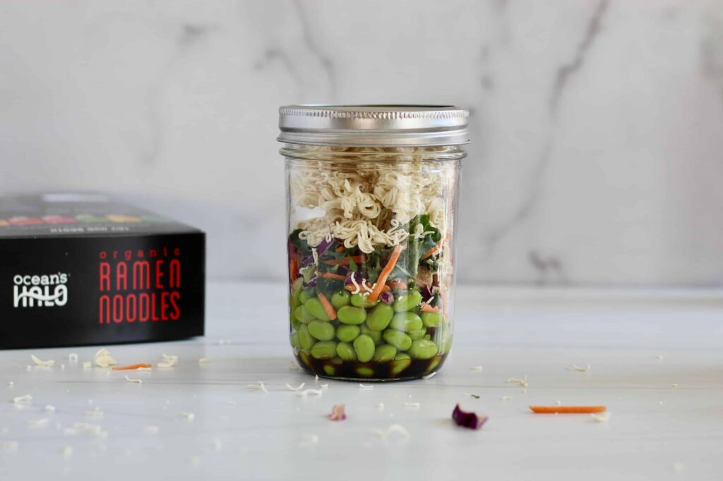 Layered jar with edamame, kale, and ramen