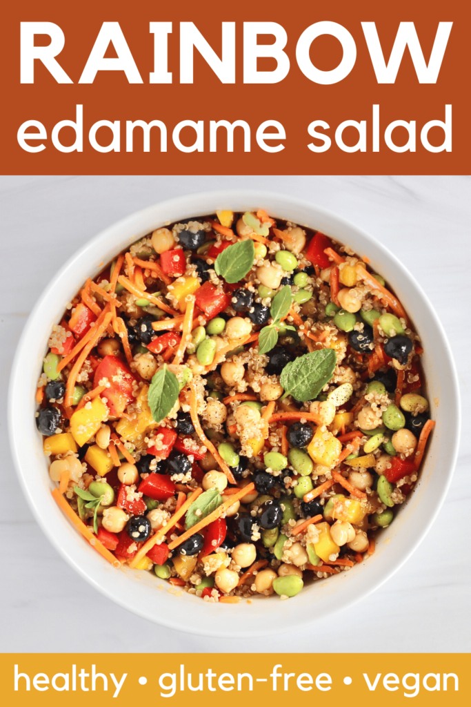 This Chickpea Edamame Salad is the perfect light side dish or lunch. The colorful ingredients in this rainbow salad pack in tons of health benefits. Vegan and gluten free too! #SummerSalad #Edamame #PlantBased #CheerfulChoices