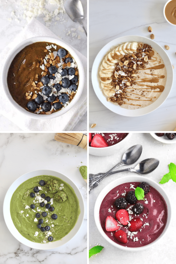 Overhead shot of different smoothie bowl recipes