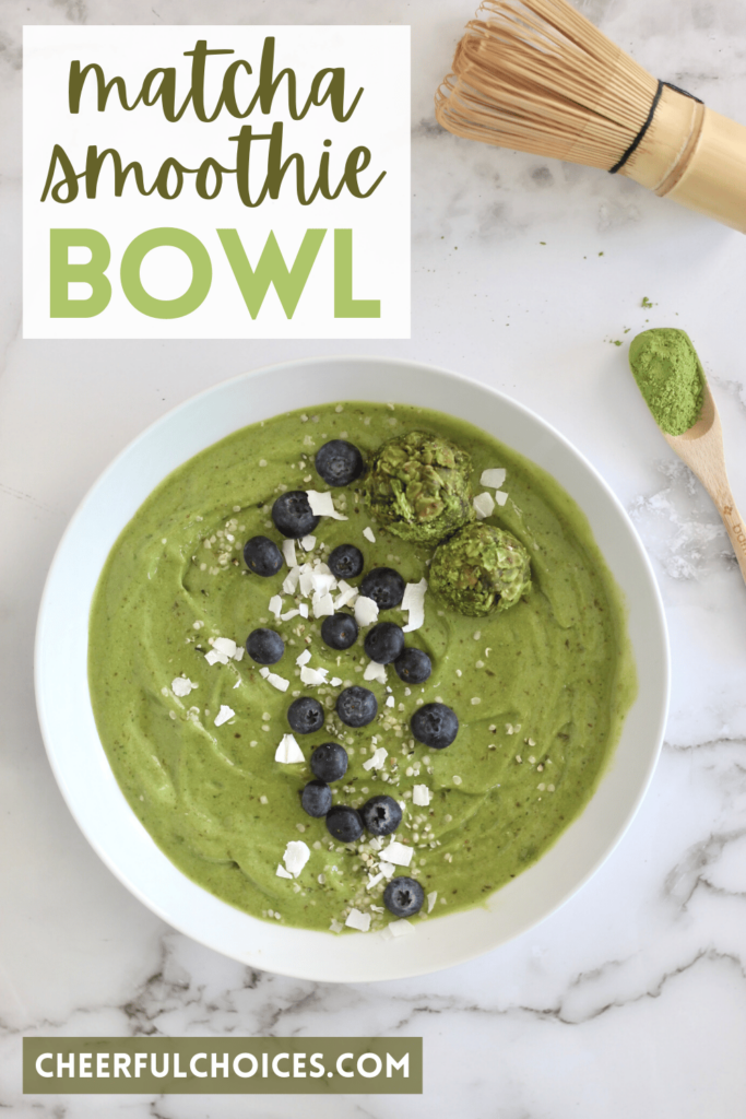 Fuel your morning with this vegan matcha smoothie bowl. Top with coconut, nut butter, and other satisfying toppings of your choice! #MatchaRecipes #HealthyBreakfast #SmoothieBowl
