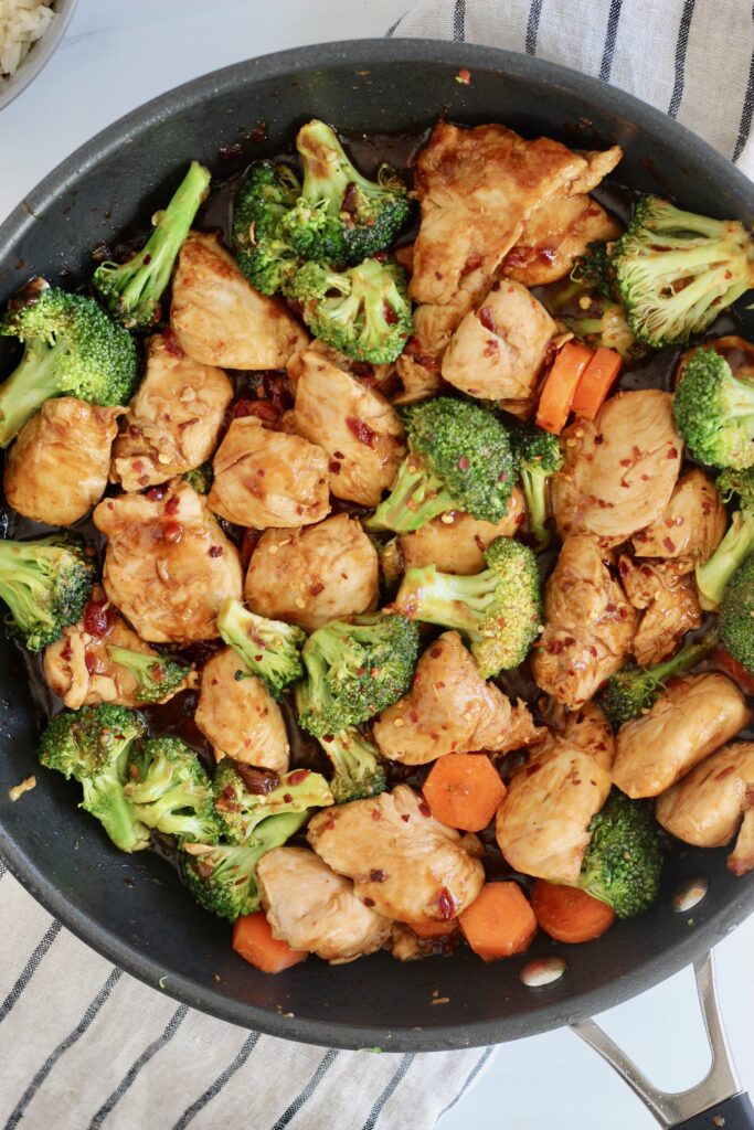 Close up of chicken and broccoli stir fry
