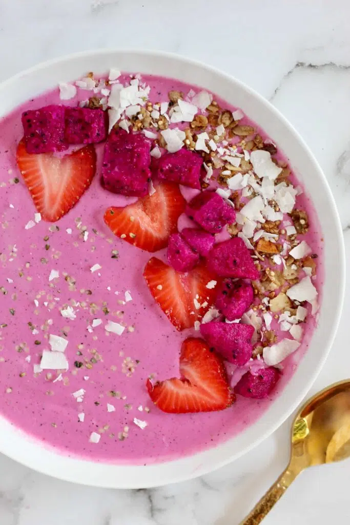 Close up of bright pink smoothie bowl