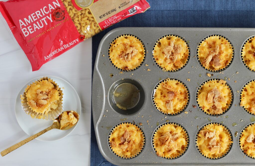 Baked mac and cheese bites in a muffin tin