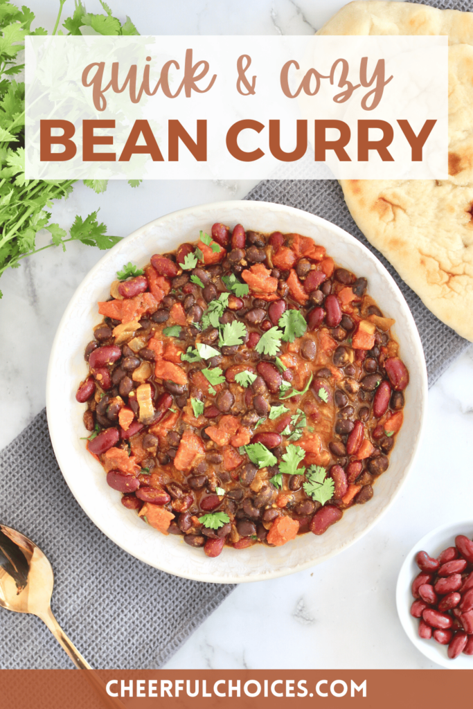 Quick & cozy bean curry placed on a grey towel