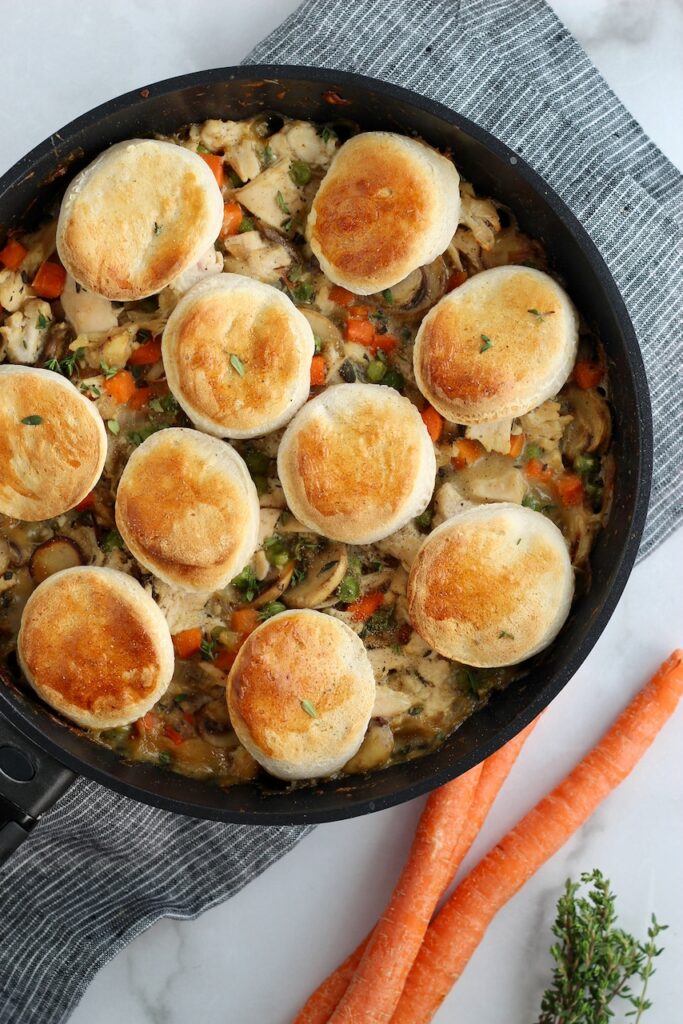Pot pie topped with biscuits