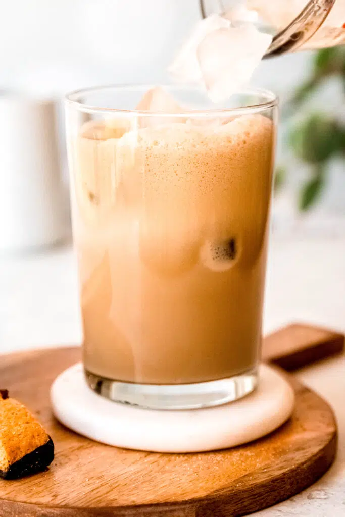 Iced protein coffee with ice in glass