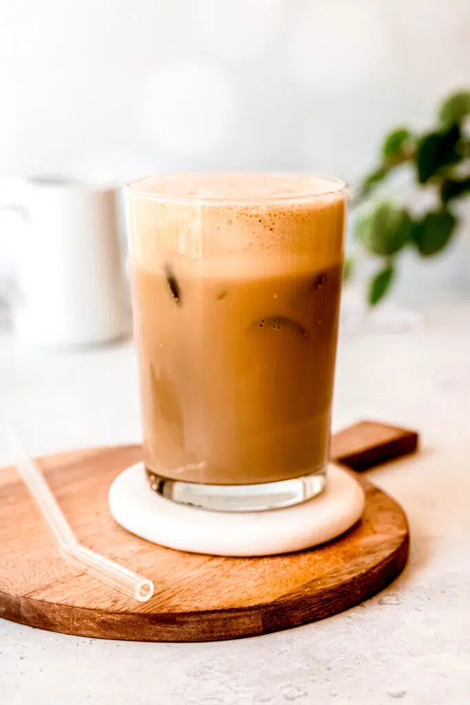 Iced proffee on wood platter