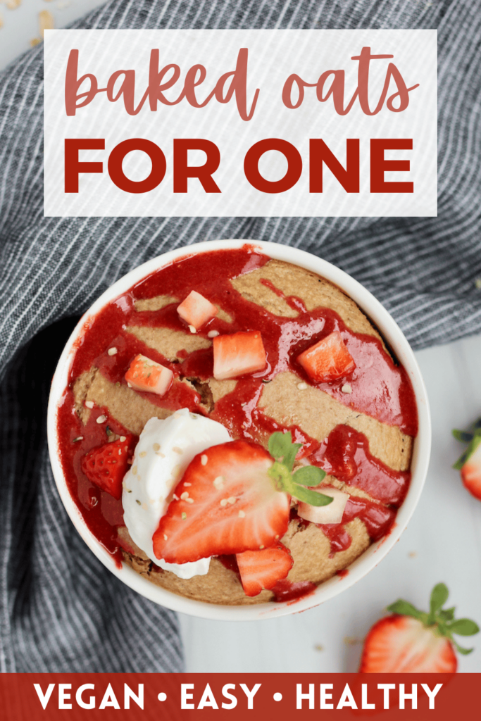 This healthy Baked Oats for One recipe is made with strawberries, banana, and blended oats. Nut-free, gluten-free, dairy-free and vegan!