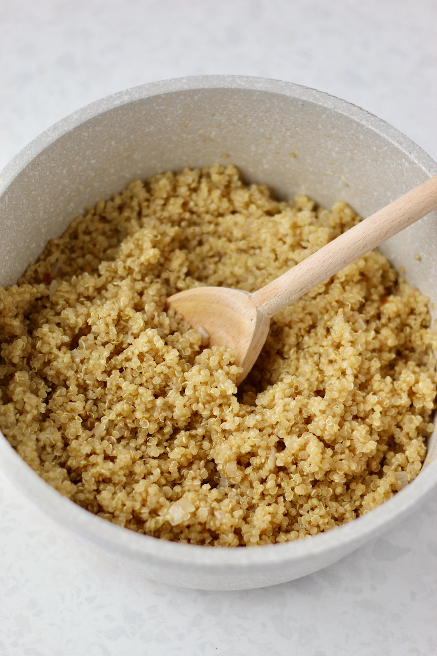 Fluffy cooked quinoa before adding to stuffed peppers
