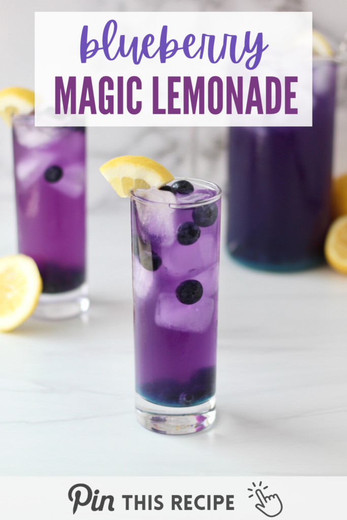 Blueberry lemonade is a refreshing and easy drink to make for hot summer days. This “magic” version combines ingredients like butterfly pea powder and edible glitter for an enchanting spin on classic lemonade. #BlueberryLemonade #ButterflyPea