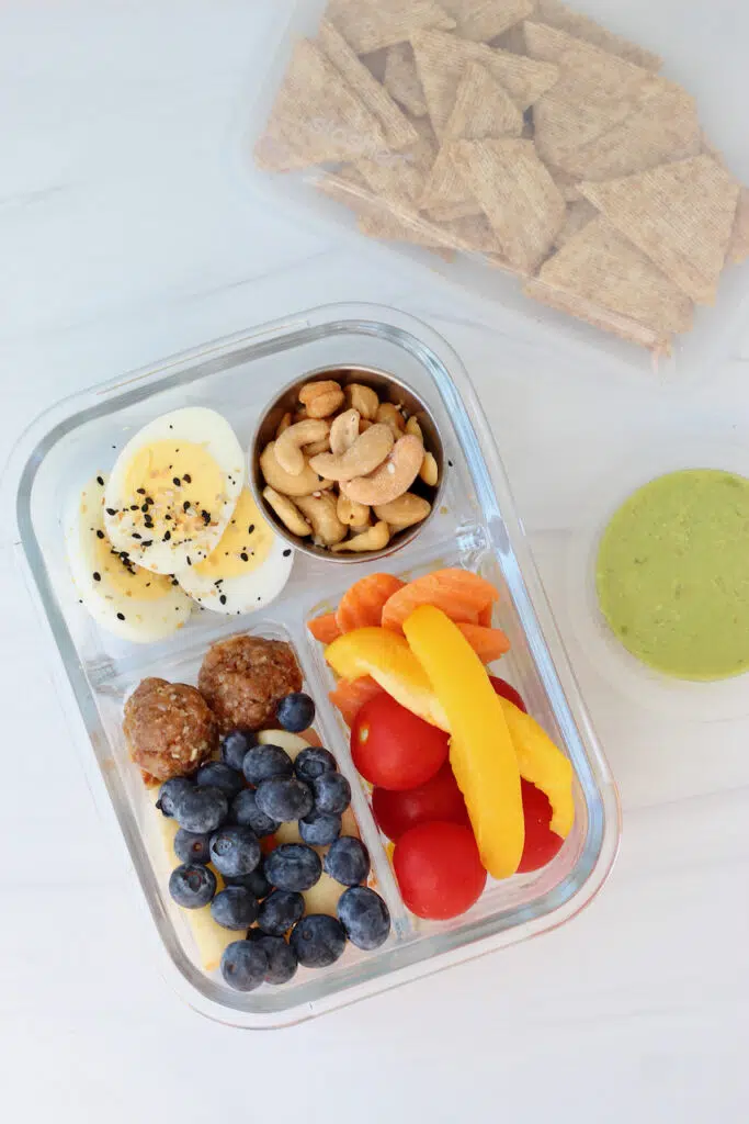 Snack box with protein, fruits, and veggies