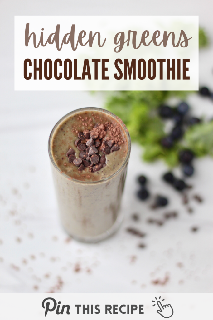 Sneak your greens in with this delicious chocolate smoothie. Filled with ingredients like kale, cocoa powder, blueberries, and Medjool dates!
