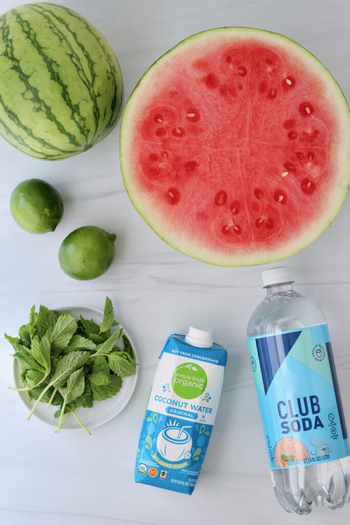 Ingredients needed including coconut water, lime, and mint