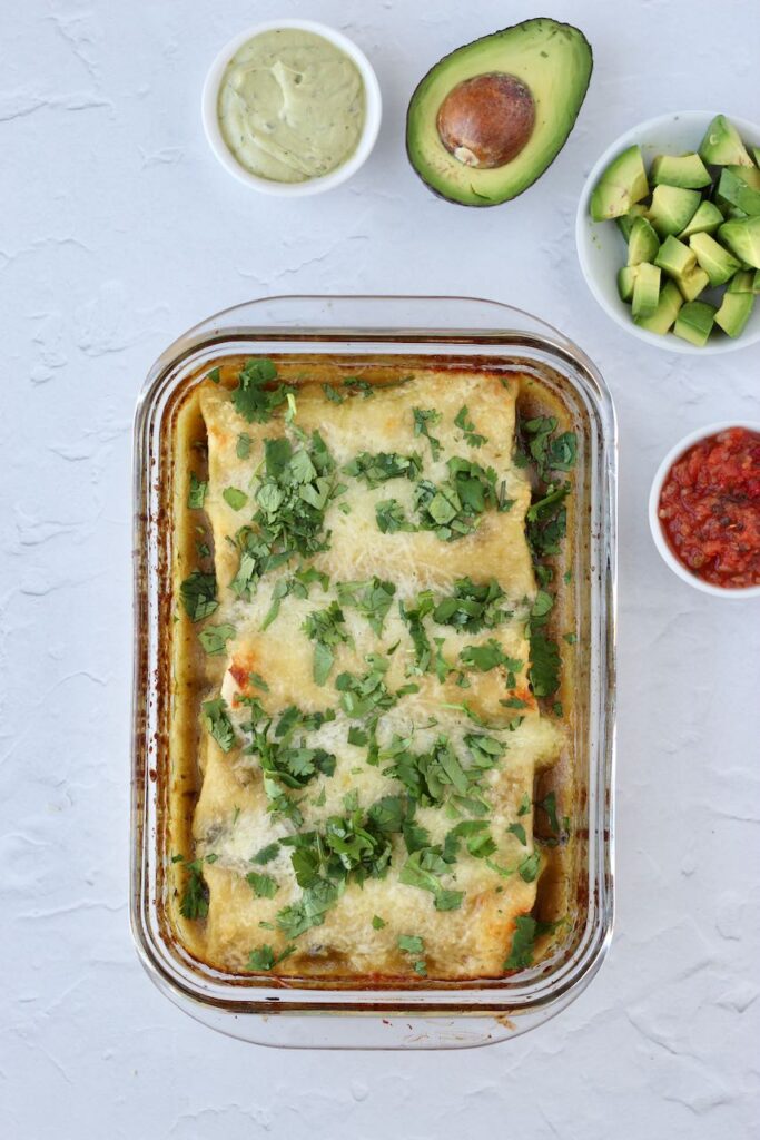 Cheesy baked burrito dish with toppings