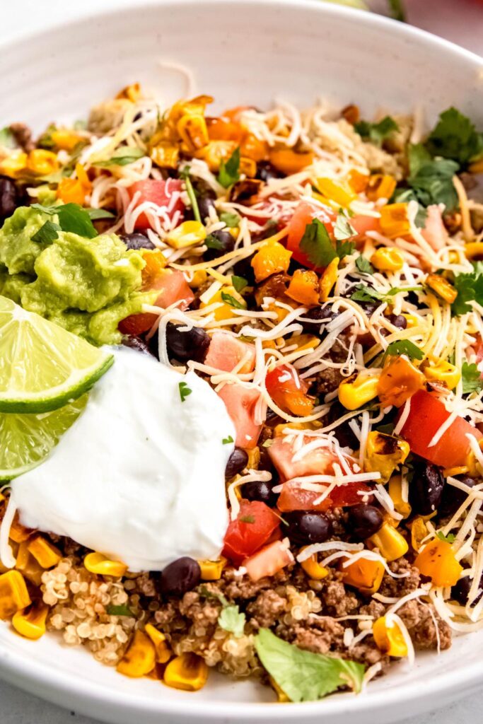 Close up of healthy quinoa taco bowl