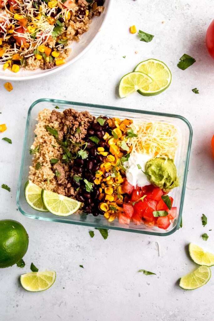Easy quinoa taco bowl in meal prep container