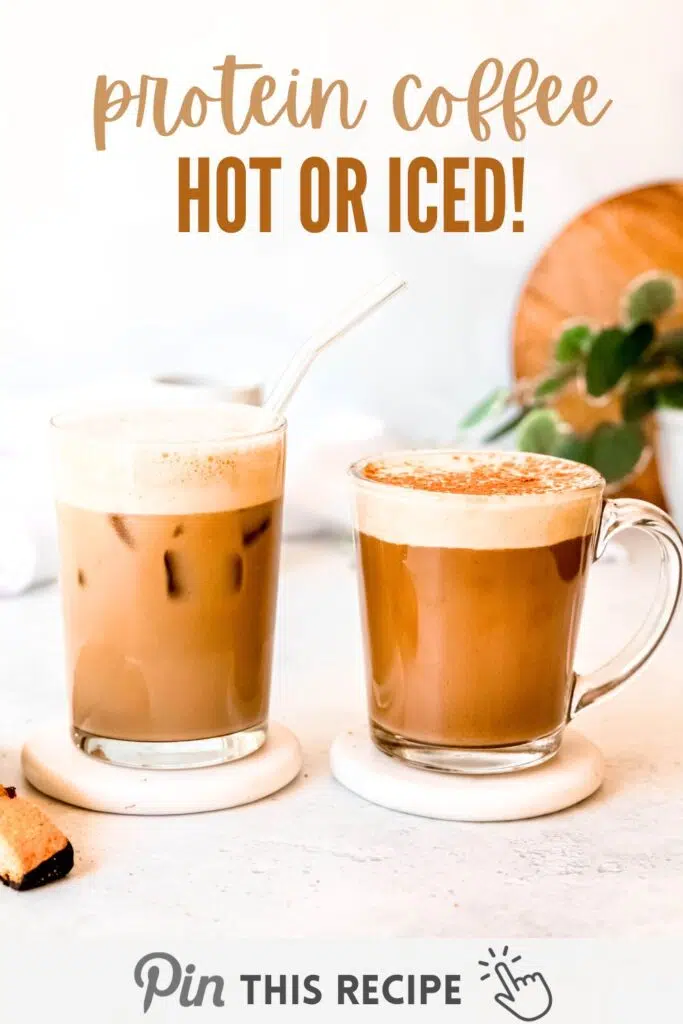 Iced protein coffee next to hot protein coffee