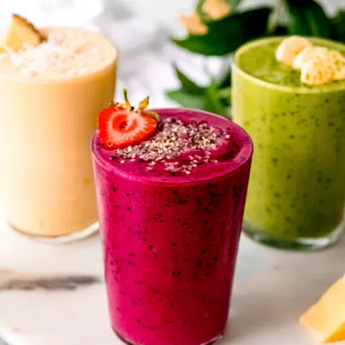 A pink, green, and yellow smoothie.