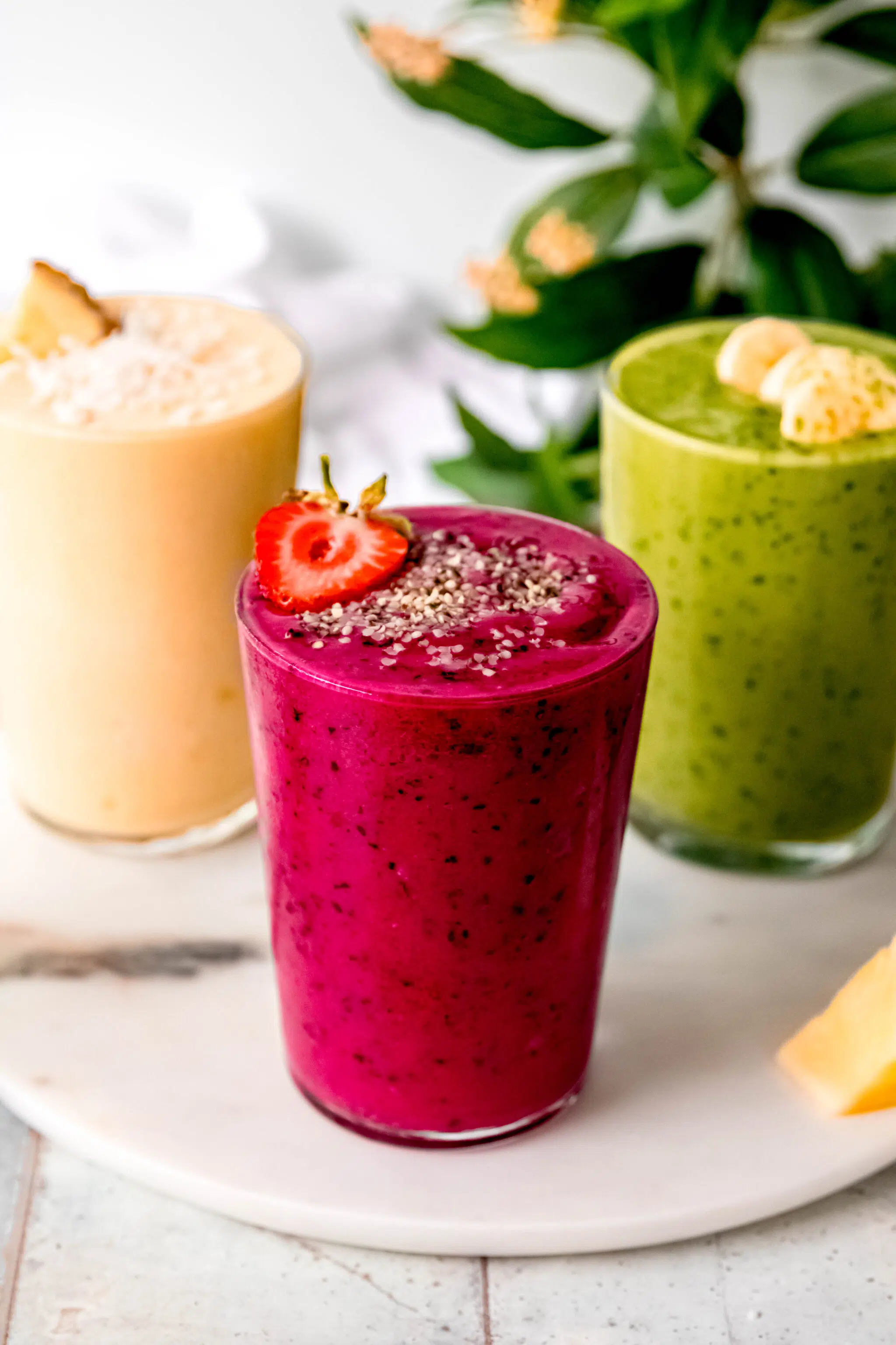 A pink, green, and yellow smoothie.