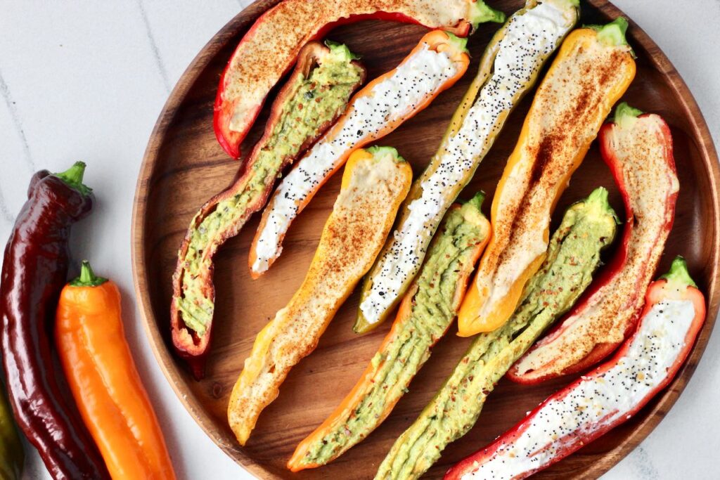 Close up of colorful stuffed mini peppers for snacking