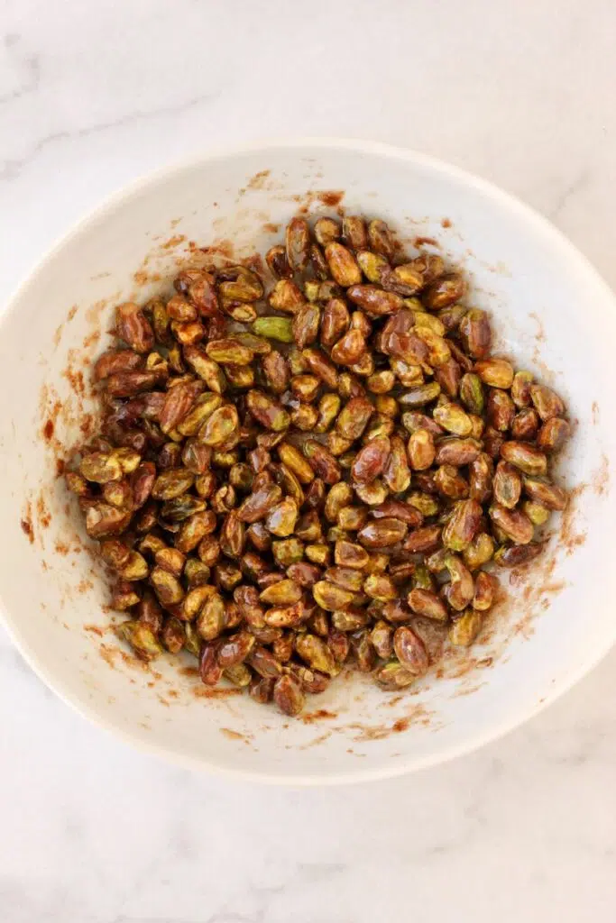 Pistachios coated in honey, cinnamon, and salt