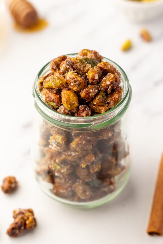 honey roasted pistachios in cute jar