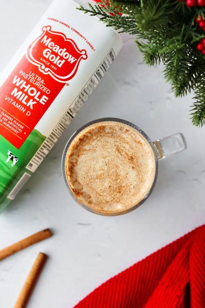 Cinnamon roll protein latte with meadow gold whole milk jug