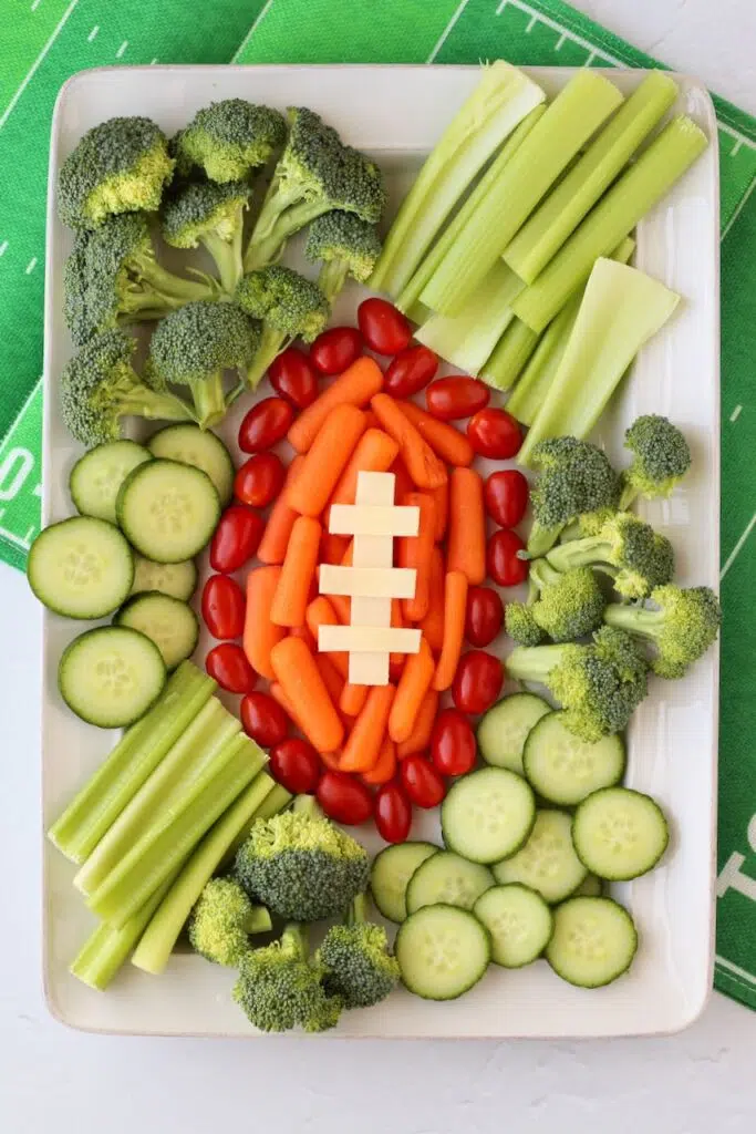 Game day vegetable tray arranged like a football field