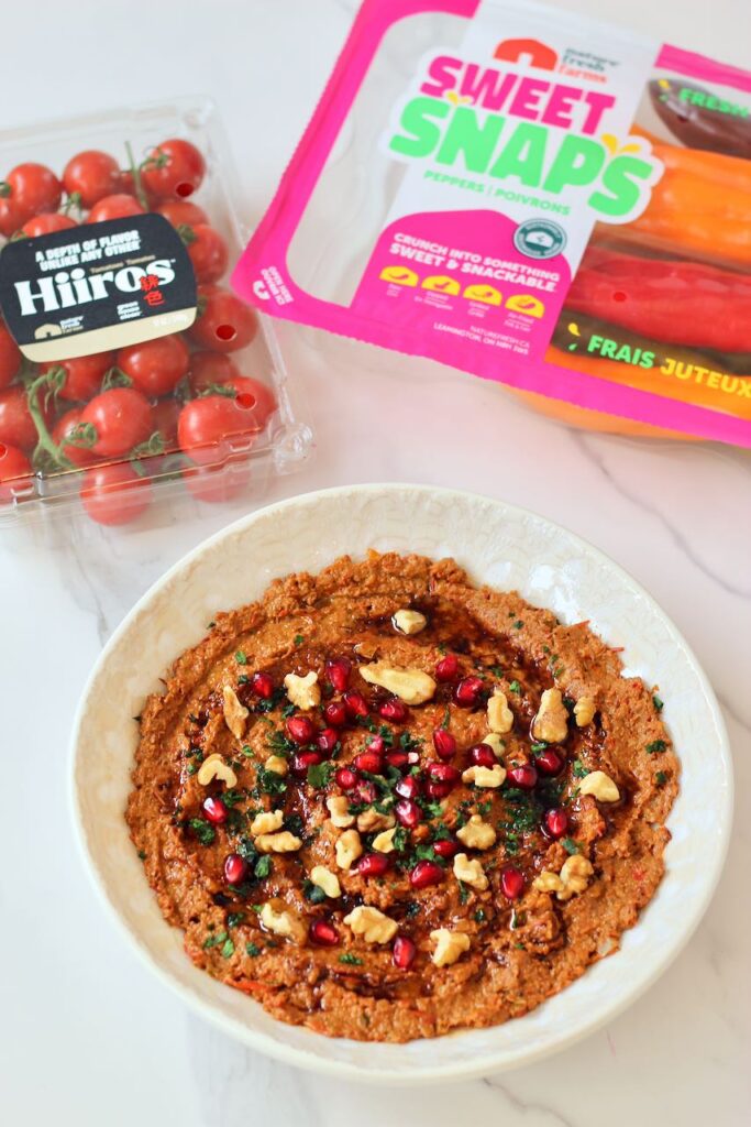 Muhammara with tomatoes and sweet snap peppers.