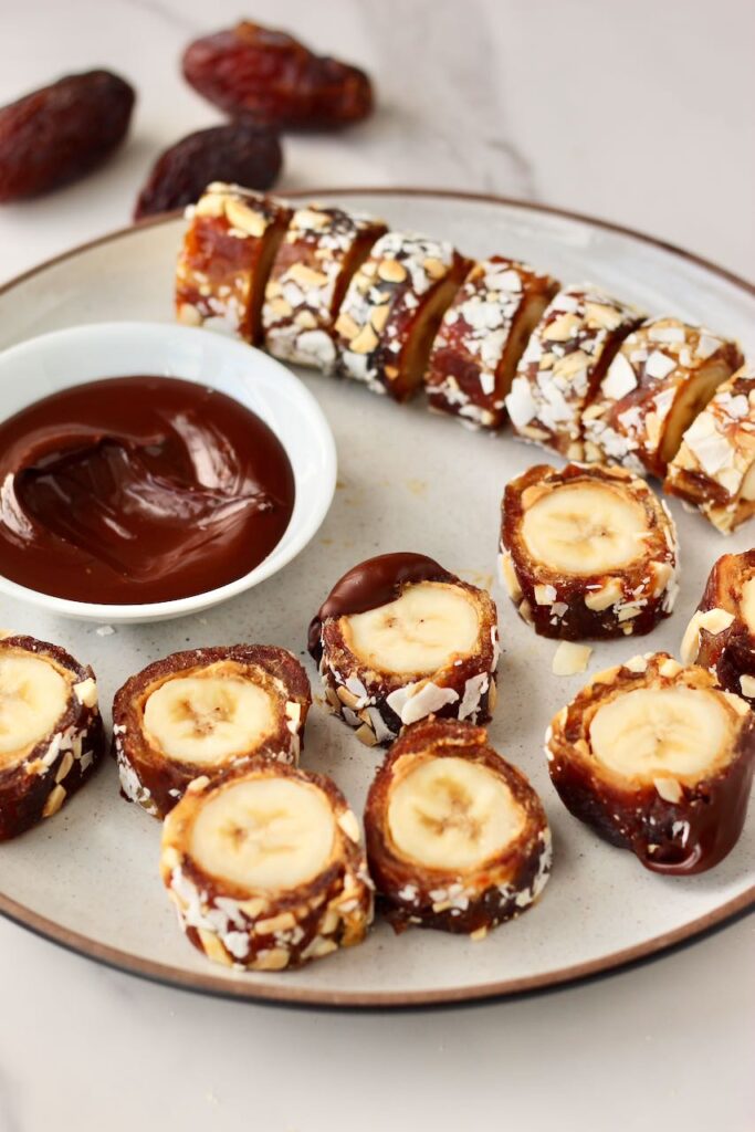 Banana sushi bites dipped in melted dark chocolate