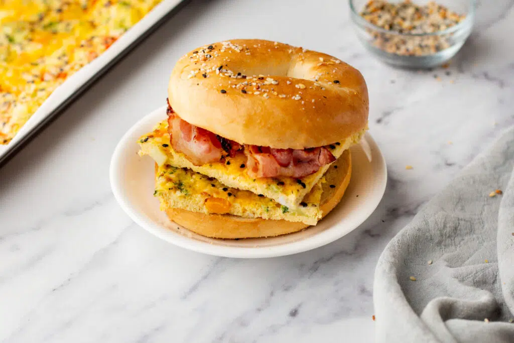 Bagel breakfast sandwich with sheet pan eggs 