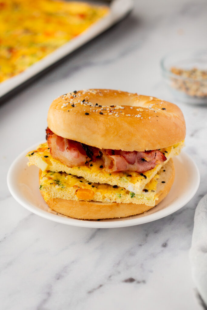 Bagel breakfast sandwich with sheet pan eggs