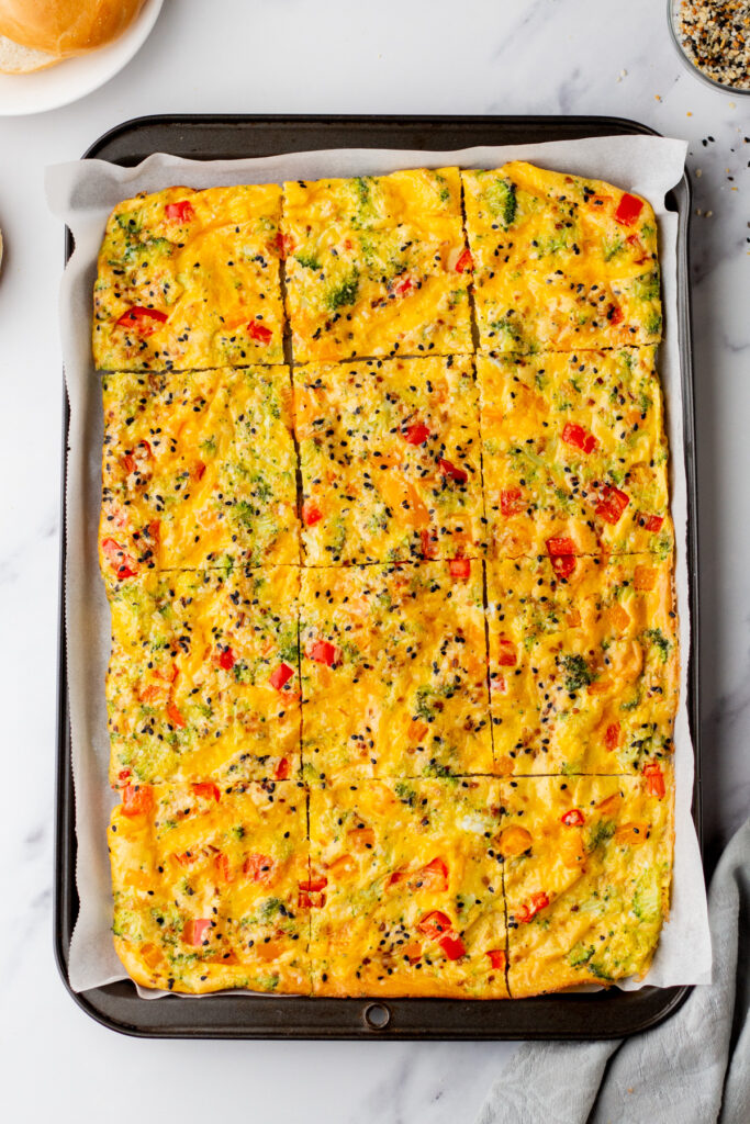 Sheet pan eggs cut into squares