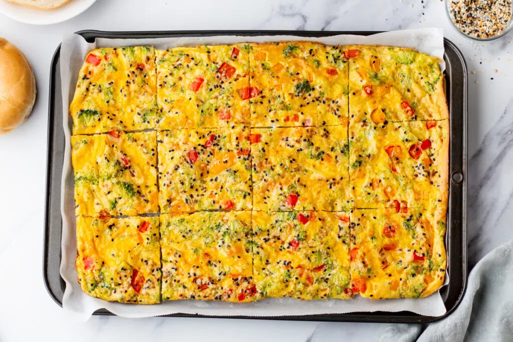 Sheet pan eggs cut into squares.