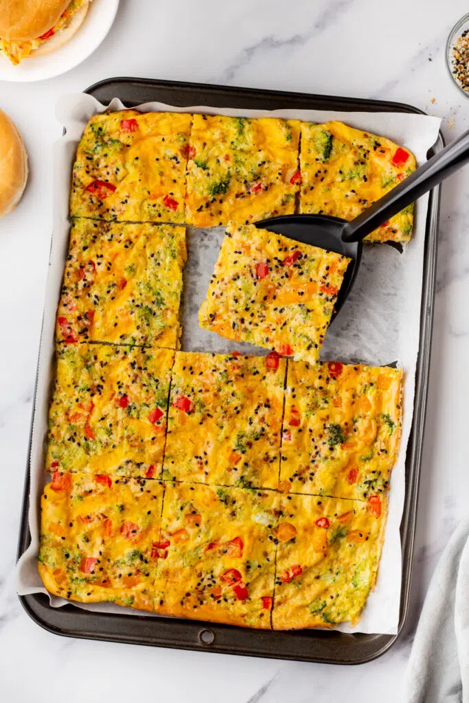 Customizable sheet pan eggs cut into squares.