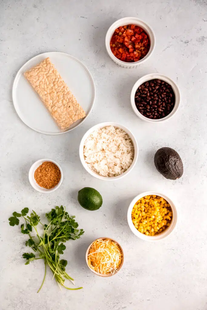 Ingredients to make tempeh burrito bowl